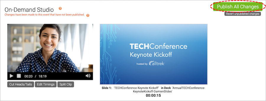 On-Demand Studio Video Slides Player with Publish All Changes Button circled