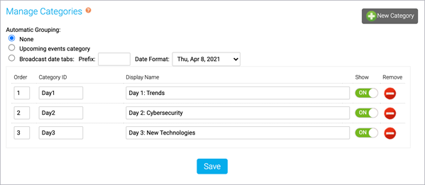 Manage Categories window shows the None as Automatic Grouping option and 3 custom categories