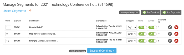 Manage Segments section shows the events split into categories